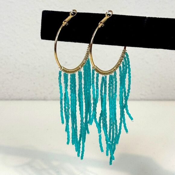 James Ascher Turquoise Beaded Gold Tone 1.5” Hoop Earrings - Picture 1 of 4